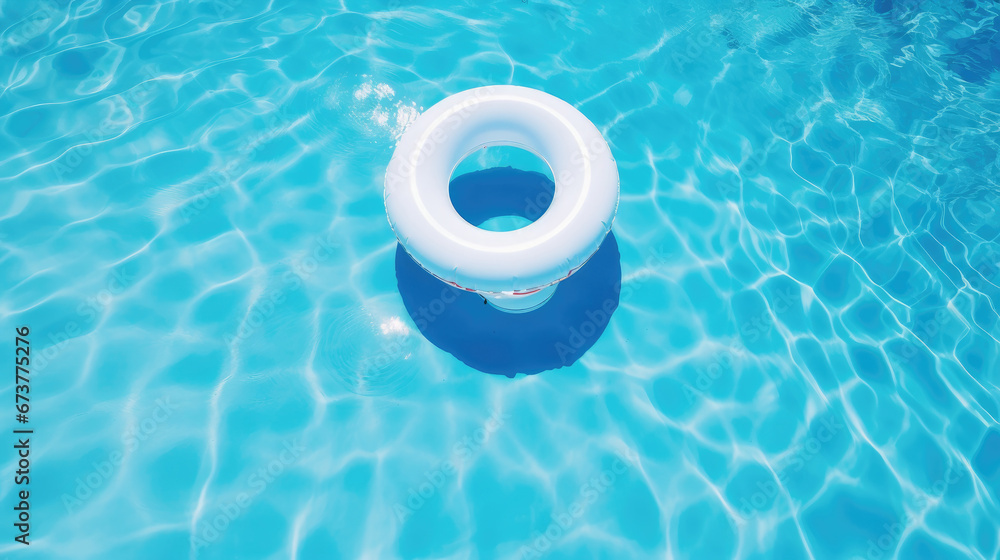 white inflatable ring floating in swimming pool. Vacation concept with copy space