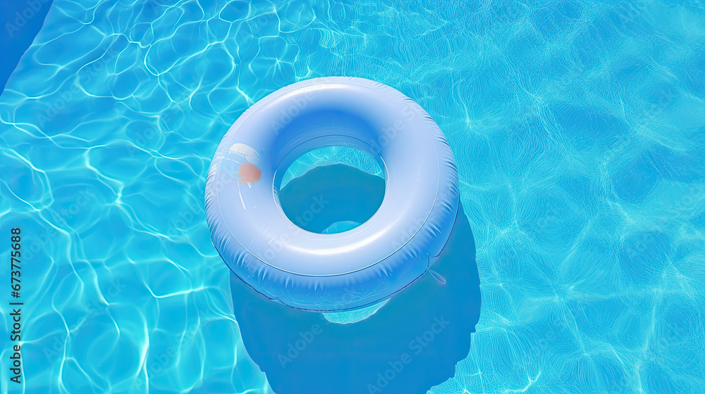 blue inflatable ring floating in swimming pool. Vacation concept with copy space