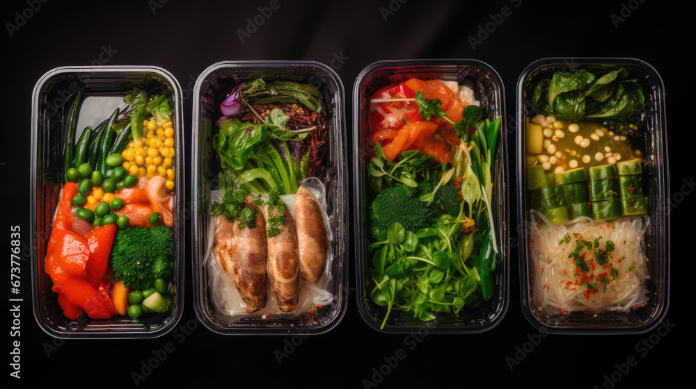 Modern food lunch boxes in plastic packages