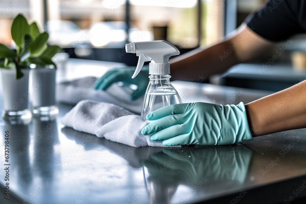 Woman hand cleaning the surface of a table with a cleaning cloth at home, Disinfectant spray bottle washing surfaces with towel and gloves.