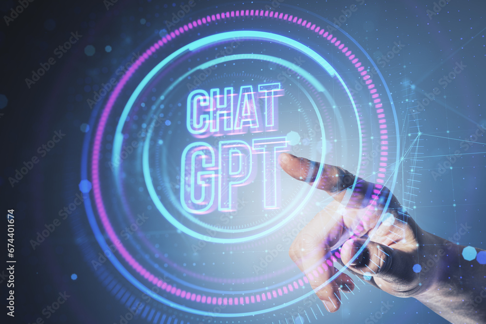 Close up of male hand pointing at creative round chat GPT hologram on blurry background. Chat bot assistant, artificial intelligence concept.
