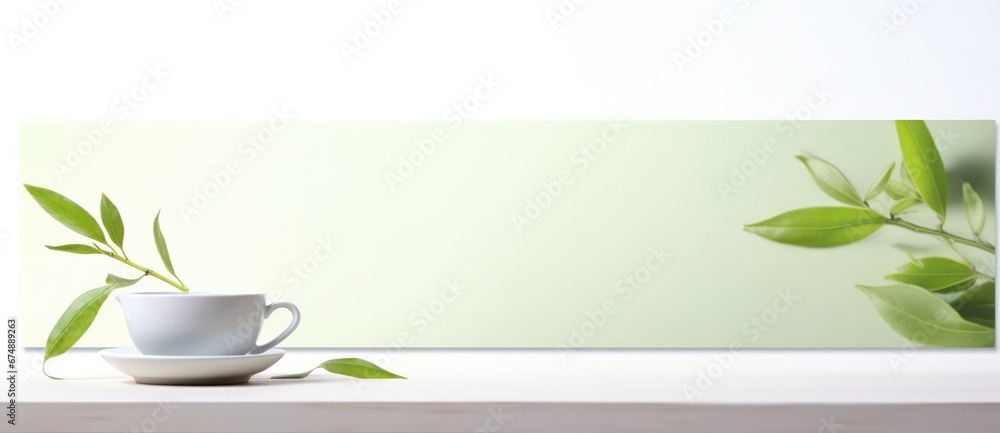 green tea cup with leaf on a green background