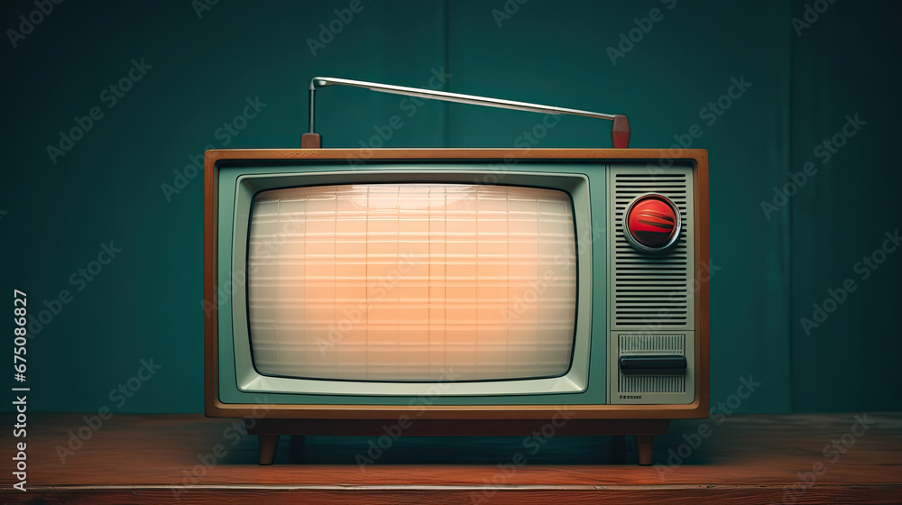 old tv set, vintage tv set, retro tv set, Retro old orange TV receiver on table front gradient aquamarine wall background. Vintage style