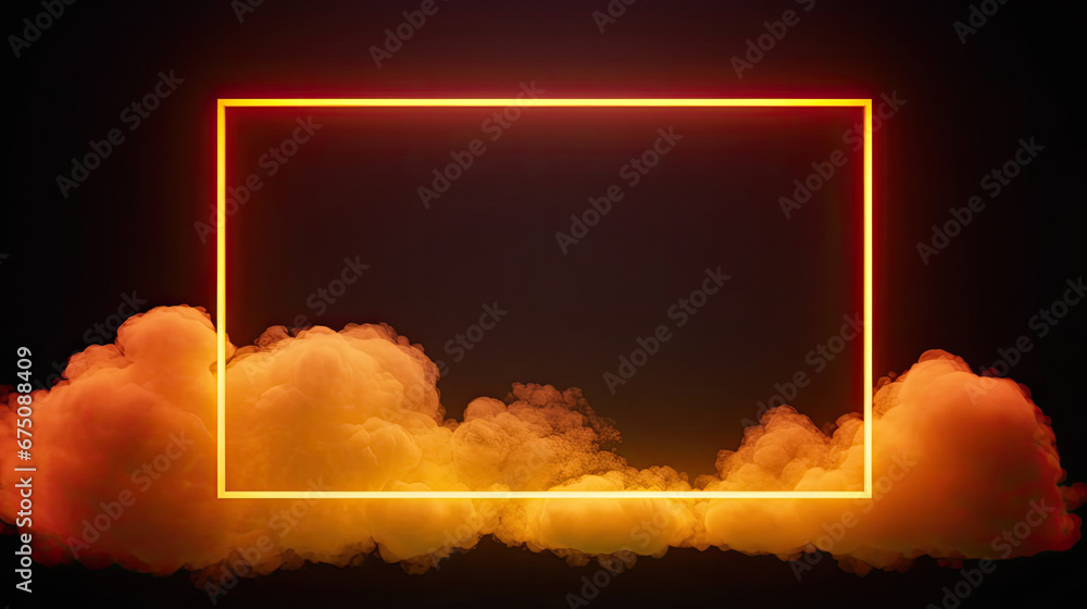 Futuristic Background Design. Cloud Formation with Orange and Yellow, Rectangle shaped Neon Frame. copy space for text