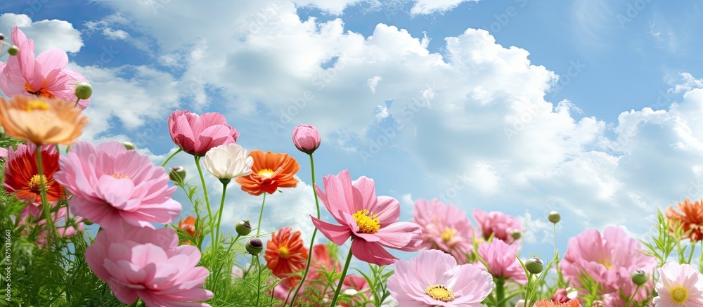 In spring the sky offers a beautiful backdrop to the colorful floral beauty that fills the gardens and parks as pink flowers bloom and create a stunning sight against nature s green fields a