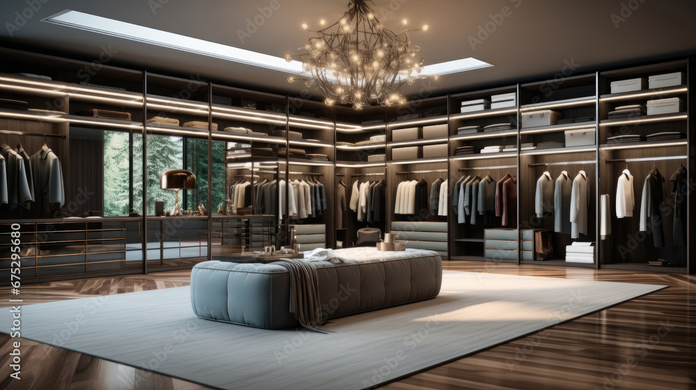 Grey Walk-in closet, Interior design of luxury walk in closet with clothes hanging on rods.