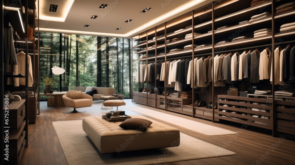 Modern walk in wardrobe with clothes hanging on rods, Shelves and drawers, Dressing room with space for storing and organizing. Interior design of luxury walk in closet.