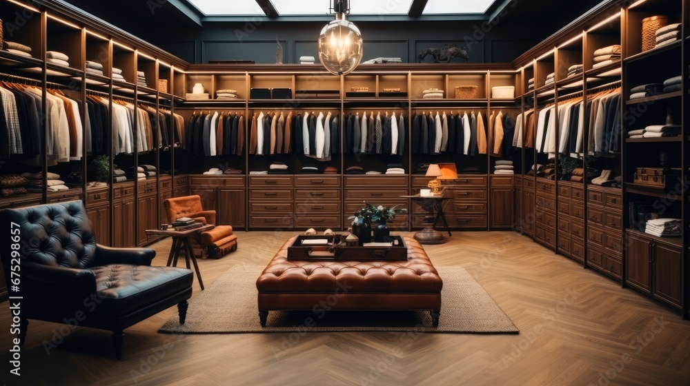 Interior of a luxury male wardrobe full of expensive suits, Shoes and other clothes.
