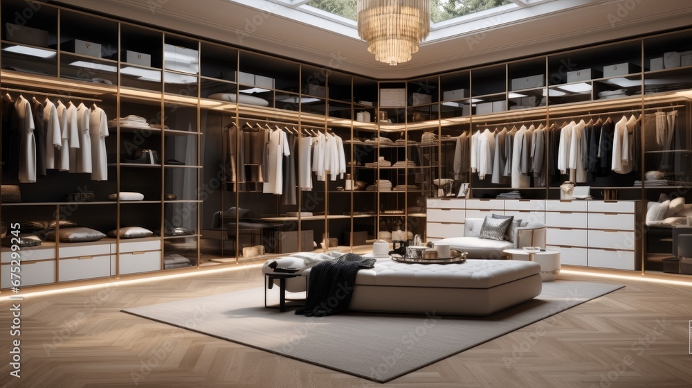Light luxury Nordic style walk-in closet with clothes hanging on rods, Shelves and drawers.