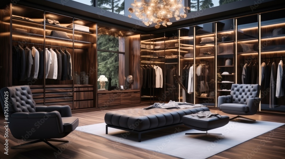 A Luxury modern dark wood dressing room, interior, dressing, closet, clothes rack, clothes, luxury, shoe.