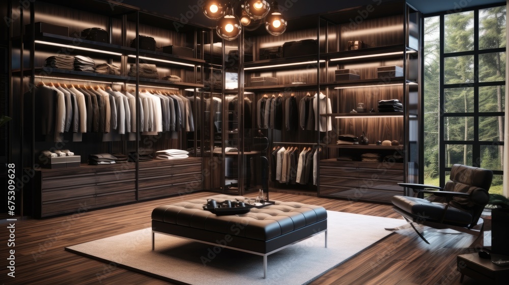 A Luxury modern dark wood dressing room, interior, dressing, closet, clothes rack, clothes, luxury, shoe.