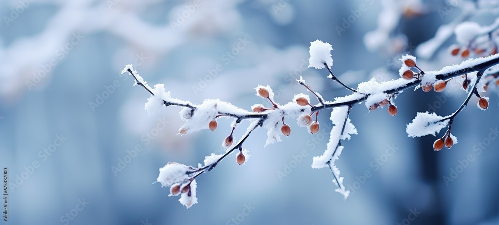 Snow covered tree branch with red fruits in forest on blurred background