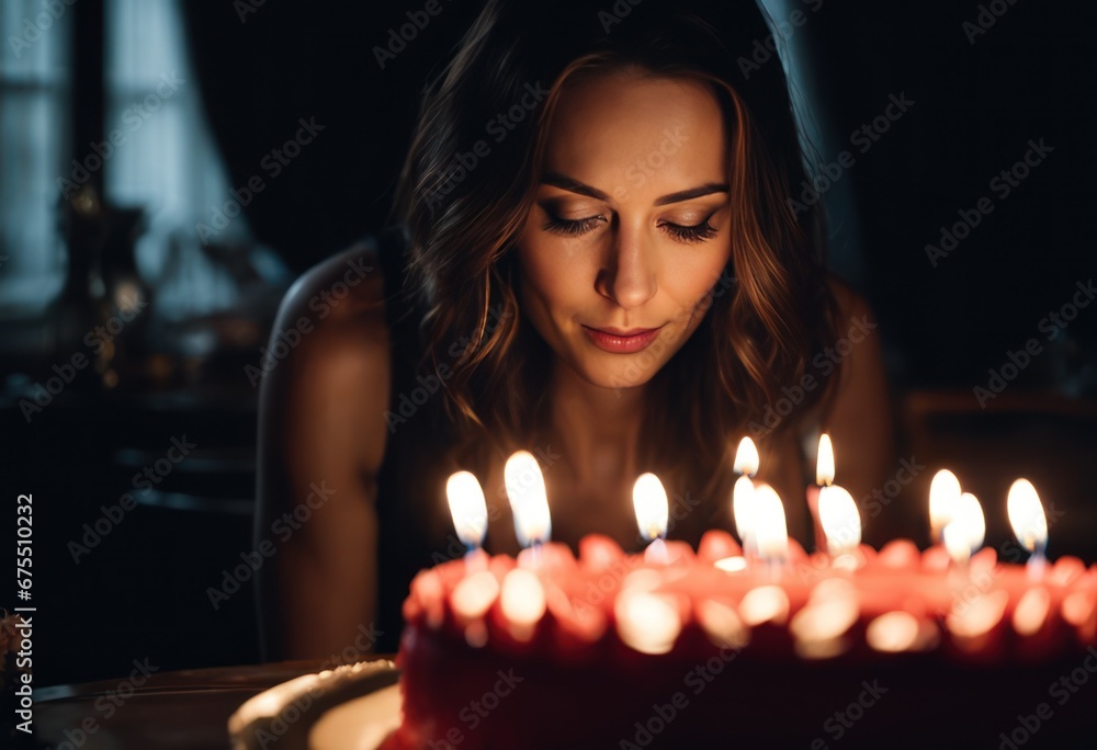 Beautiful thirty year old woman blow out the candles on her birthday cake. Make a wish. Young attractive girl is about to make a wish and blow all candles.