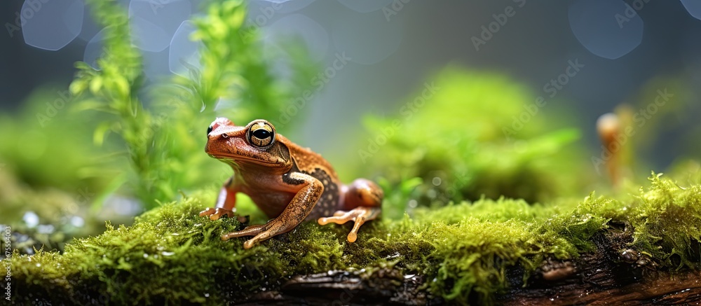A closeup of a cute brown frog in a wet and mossy background showcases the bright green texture of its skin giving a macro view of this adorable amphibian and its tadpole companions highlig