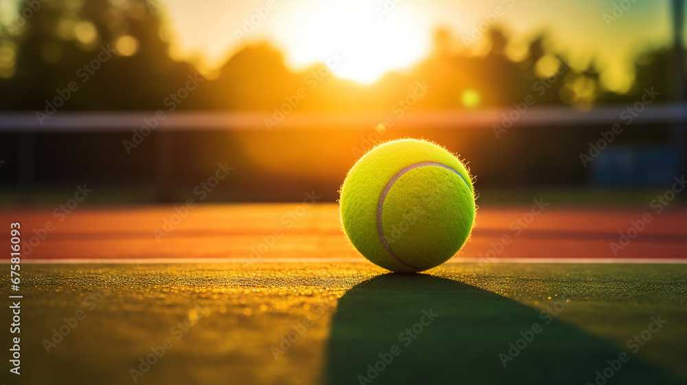 Closeup of tennis ball on empty court. Sunset, sun rays. Concept of a sporty lifestyle. Generative AI