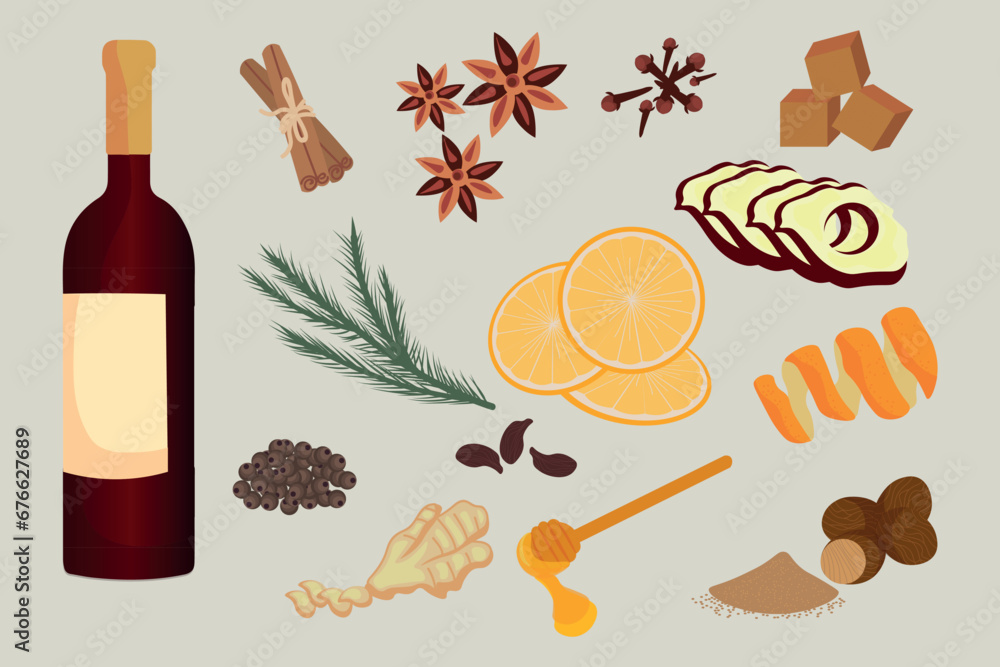 Set for making mulled wine on grey background