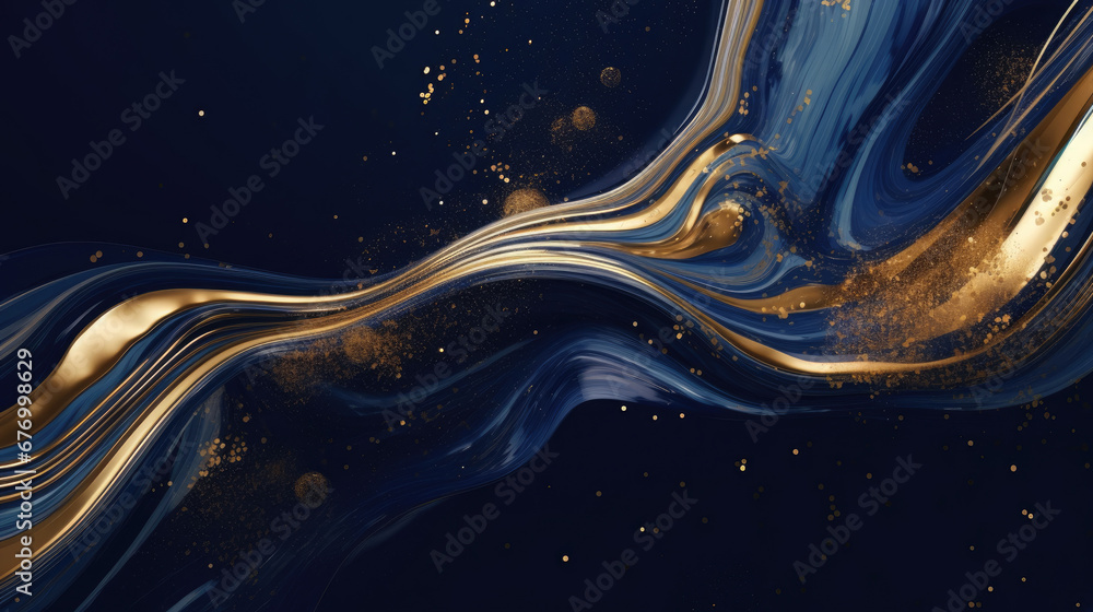 abstract blue background with waves, Abstract blue marble texture with gold splashes, blue luxury background