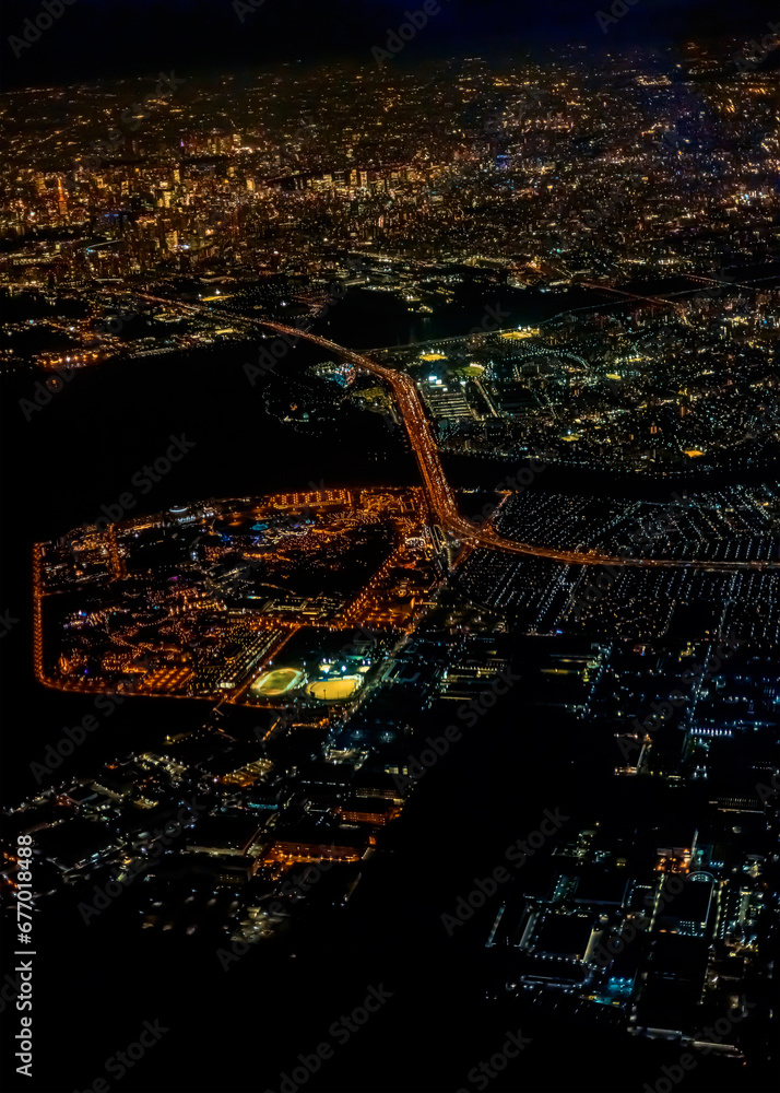 Aerial view of Tokyo from above at night
