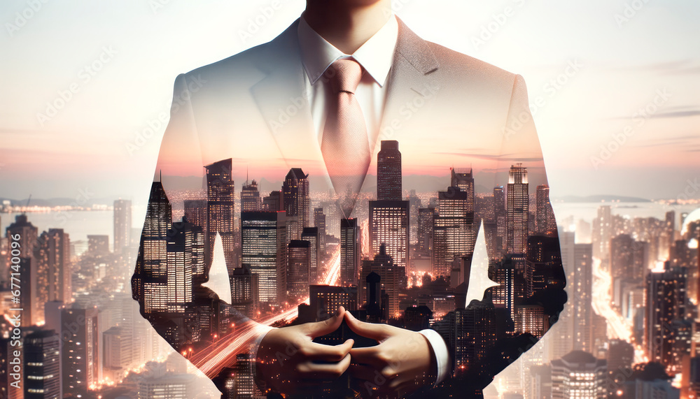 Businessman in suit and tie on abstract city background. Purposefulness concept. Double exposure. Generative AI