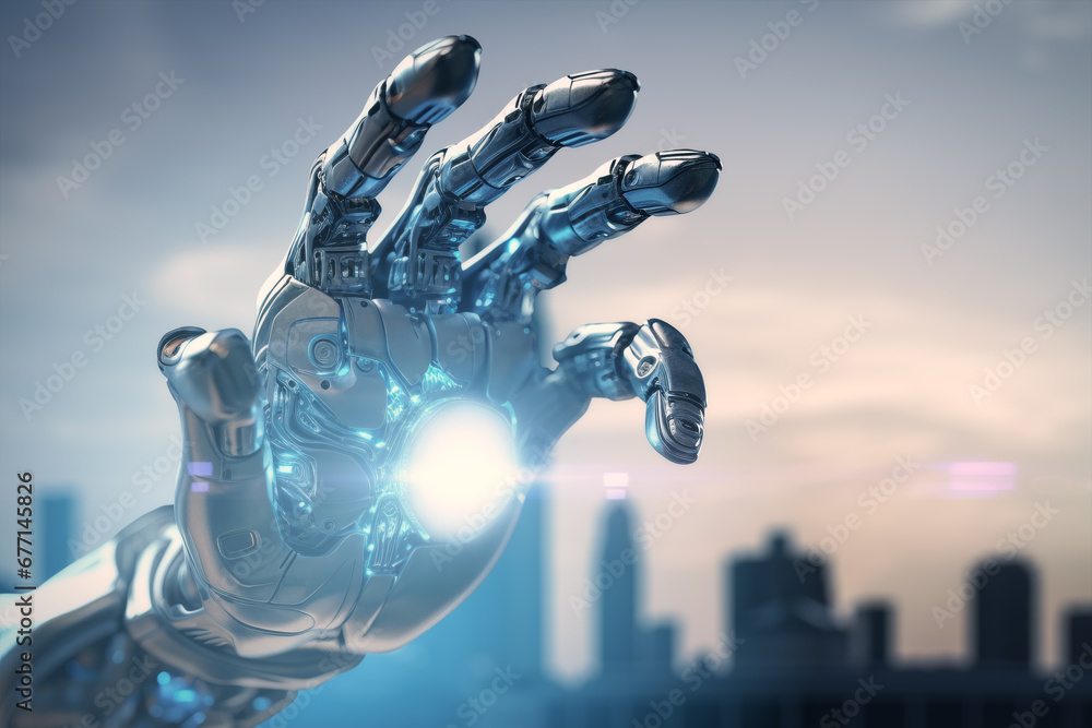 Robot hand reaching out with futuristic city backdrop, Generative AI
