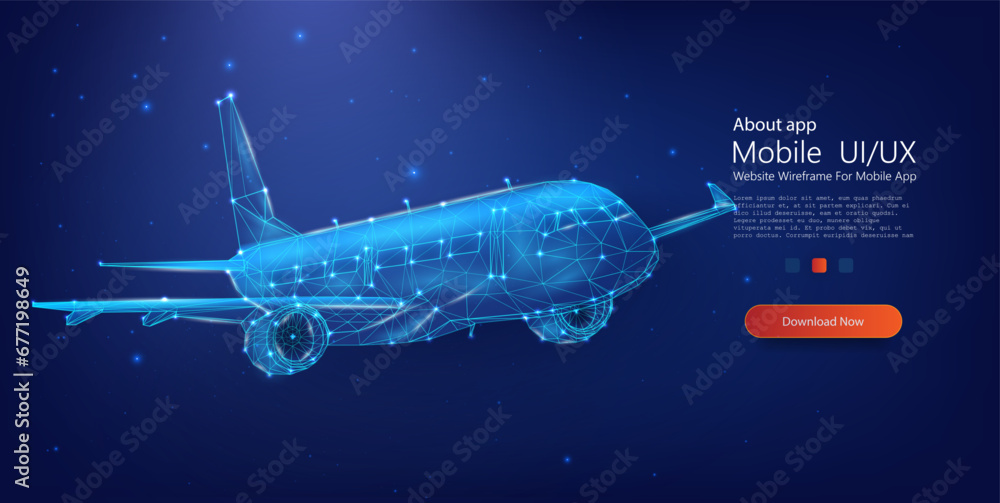 Abstract digital airplane concept with a polygonal design on a starry night sky background. Stock vector illustration