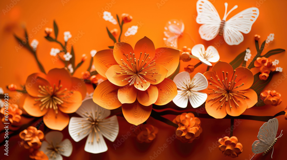  orange flower with chinese dragons attached to floral wire, in the style of delicate paper cutouts, 