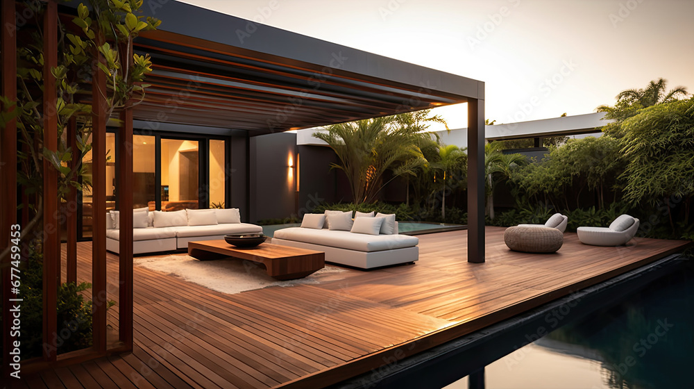 luxury hotel lounge, a lavish side outside garden at morning, with a teak hardwood deck and a black pergola. Scene in the evening with couches and lounge chairs by the pool