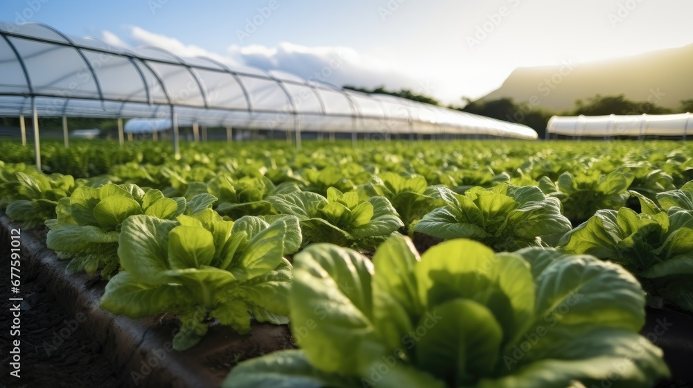 A lettuce greenhouse farm on plastic mulches.