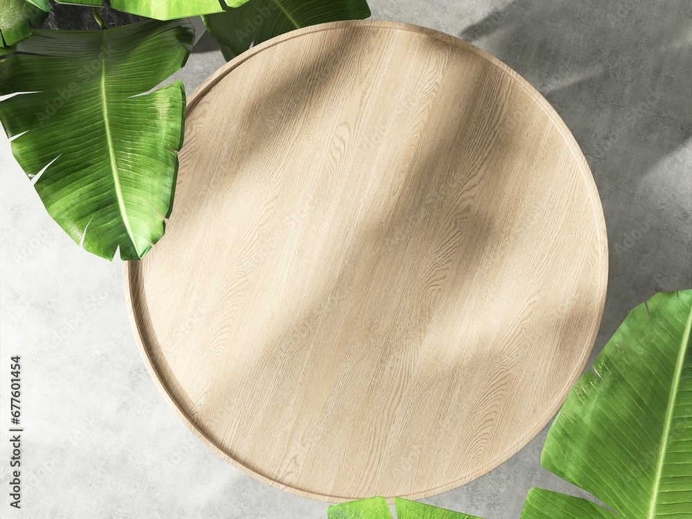 Top view of round wooden podium table, green tropical banana tree in sunlight. Luxury organic cosmetic, skincare, body care, hair care, treatment, beauty, fashion product display background 3D