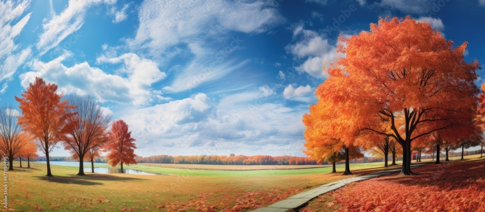 The autumn landscape was a breathtaking vision of color with the sky painted in shades of blue and the trees adorned with vibrant orange and yellow leaves that bent gently breeze while the 