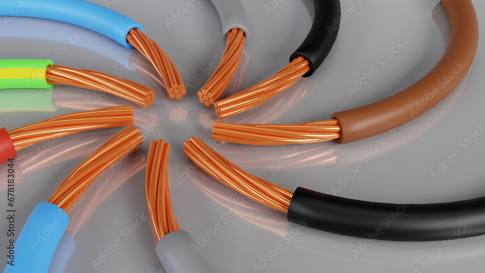 3D rendering of Standard color code for electrical wiring on a white background, 3-phase system