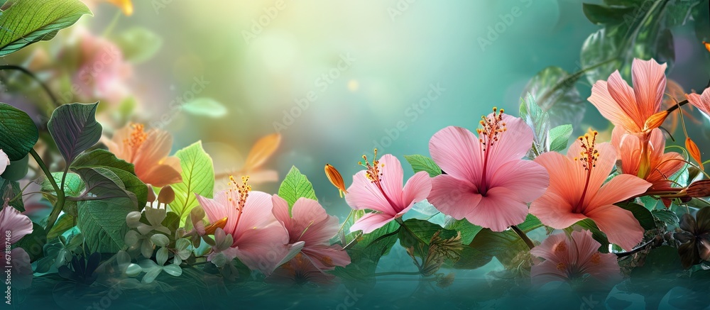 In the background of a floral design vibrant spring flowers bloom their delicate blossoms set against a lush green backdrop of leaves and plants creating a beautiful nature inspired scene