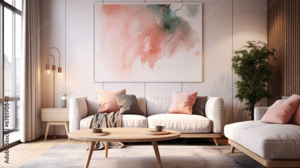 modern living room interior with sofa, Grey sofa with pink pillows and blanket against white wall with abstract art poster. Interior design of modern living room