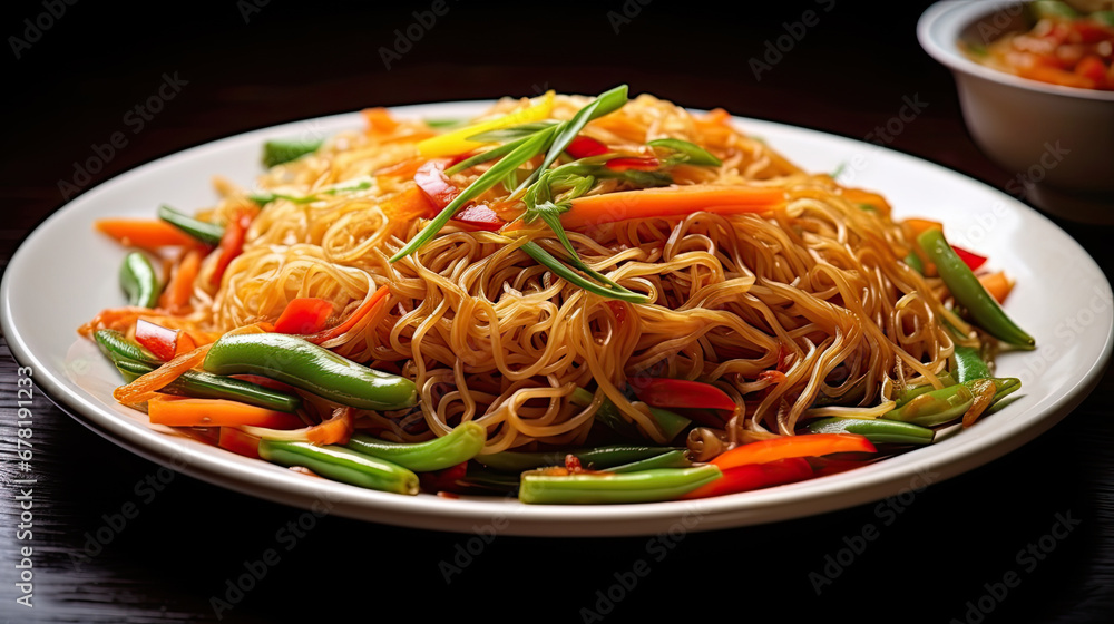 thai papaya salad with shrimp, A vegetarian Asian style dinner that includes rice or potato noodles mixed with bell peppers carrots green beans onions sesame seeds