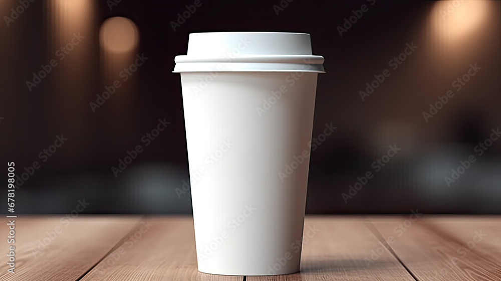 a Coffee paper cup on wooden table, Mockup template for cafes, design of the restaurants corporate style. White cardboard coffee cup Mockup. Template disposable plastic and paperware  