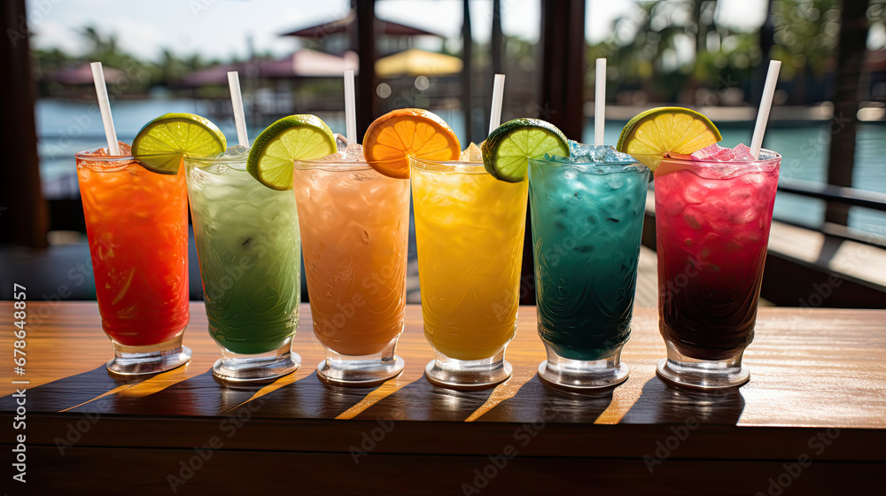  set of Alcoholic cocktails, Variety of alcoholic drinks and multi colored cocktails on the reflective surface of bar counter, Cocktails served at an outdoor bar.