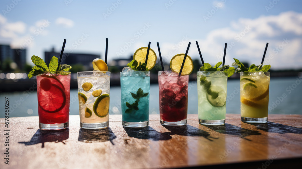  set of Alcoholic cocktails, Variety of alcoholic drinks and multi colored cocktails on the reflective surface of bar counter, Cocktails served at an outdoor bar.