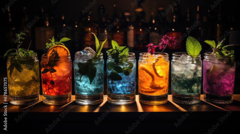 set of Alcoholic cocktails, Variety of alcoholic drinks and multi colored cocktails on the reflective surface of bar counter, Mixologists creativity in cocktail