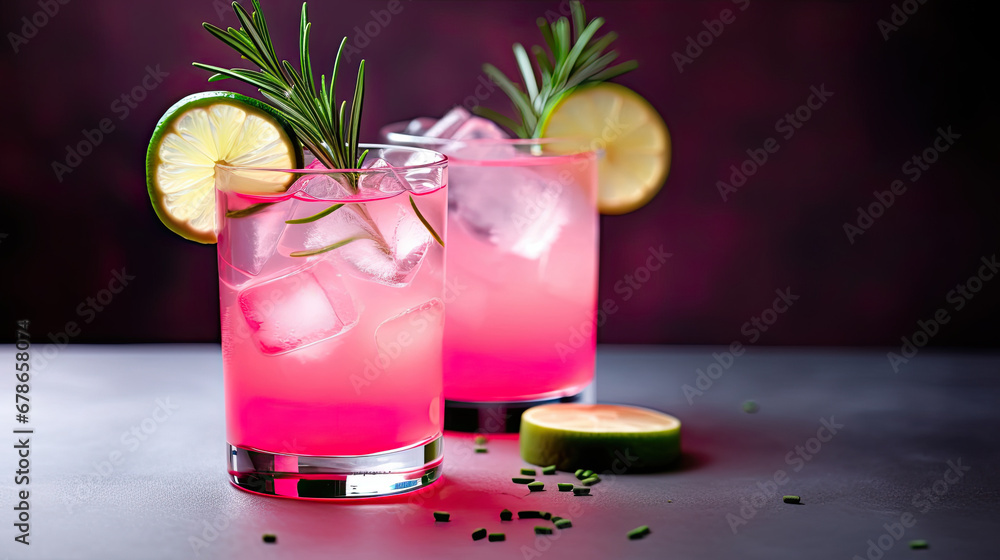 cocktail with lime and mint, mojito cocktail, Refreshing pink drink or cocktail with ice, garnished with a slice of lime and rosemary.