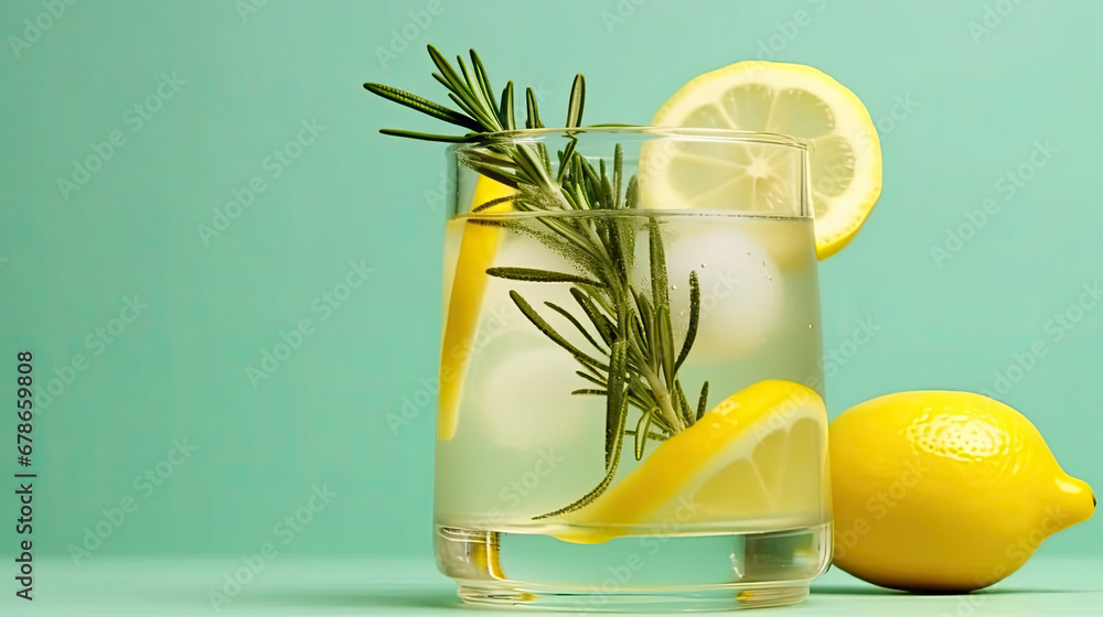  lemonade drink or cocktail with ice on green background, rosemary and lemon slices on pastel light green surface. Fresh healthy cold lemon beverage. Water with lemon.lemon and lime Summer refreshing