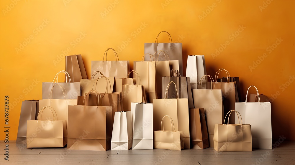 Colorful empty shopping bags for sale, representing the concept of retail therapy, purchasing gifts, and enjoying a shopping spree during a sale season.