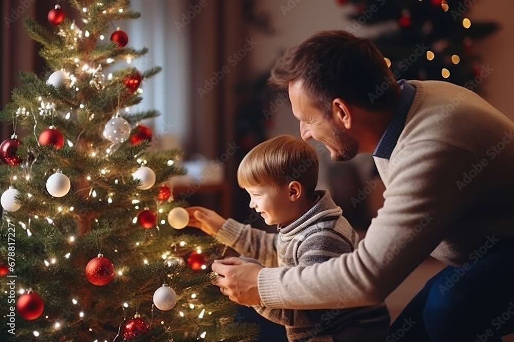 A happy father and son decorate a Christmas tree on Christmas Eve
