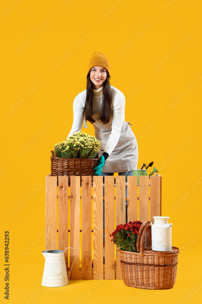 Young woman with chrysanthemum flowers at counter on yellow background