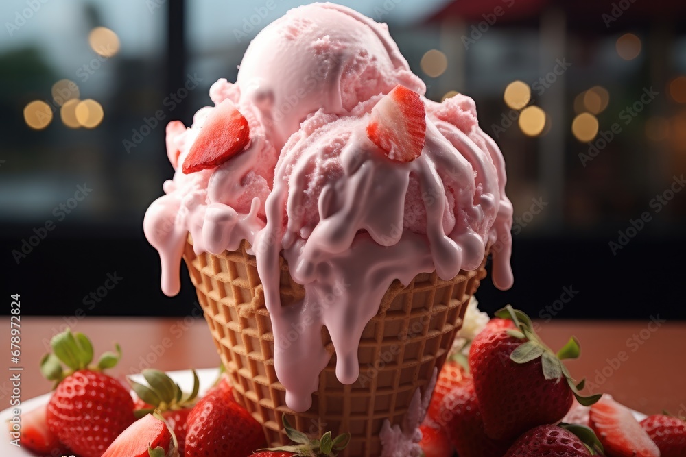 Strawberry ice cream in a waffle cone.