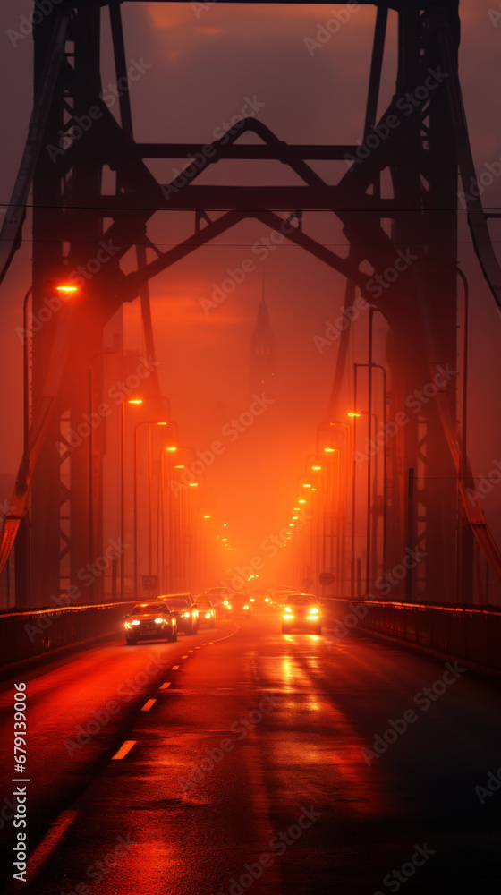 The bridge and road with lights of cars in fog. Misty evening. Mysterious landscape. Generative AI