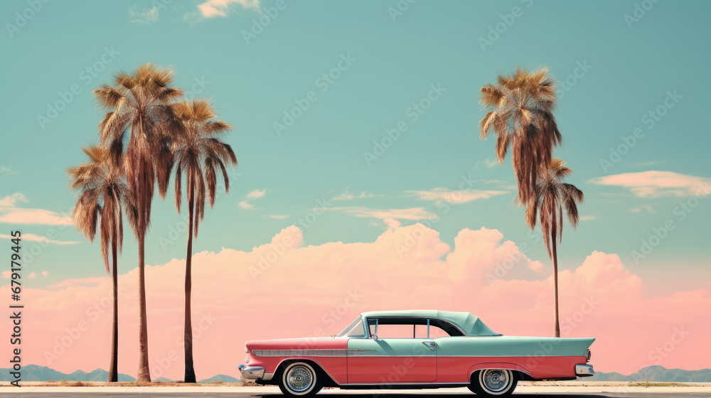 car on the beach with sunset, Miami beach old vintage retro car with ocean palm city urban usa american 1980 vibe