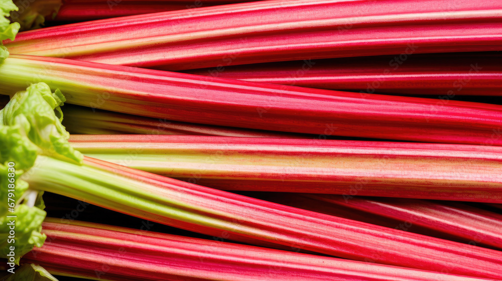Fresh ripe rhubarb stalks as background, red and green 