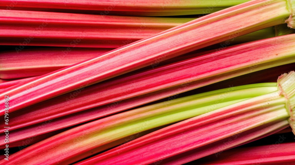 Fresh ripe rhubarb stalks as background, red and green 