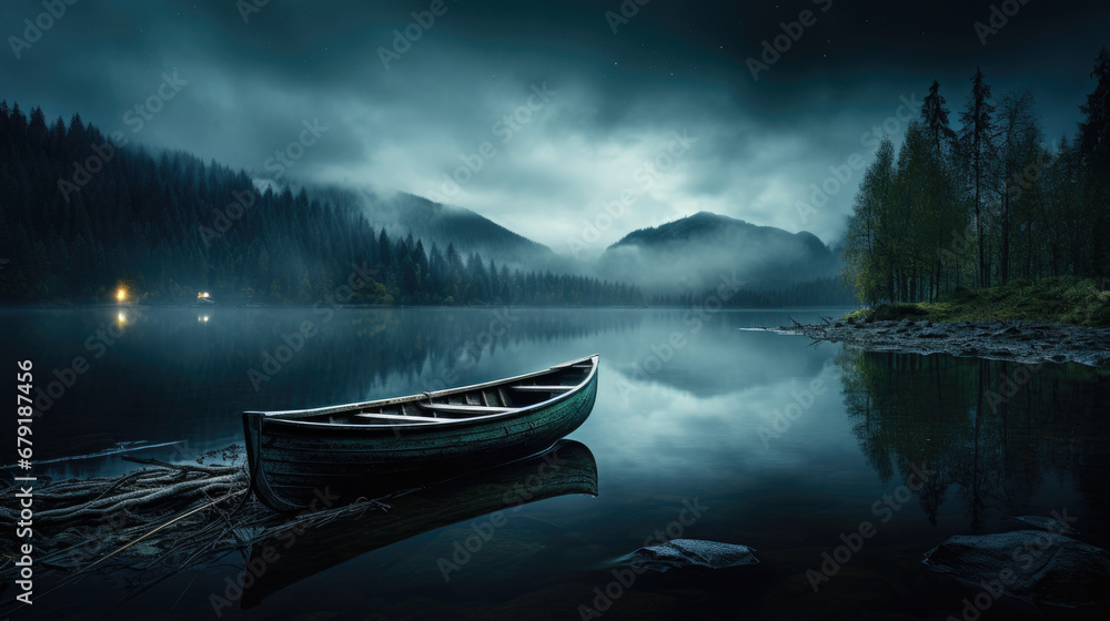 A Boat on the Lake at Sunset with fog  Landscape background, calm	
