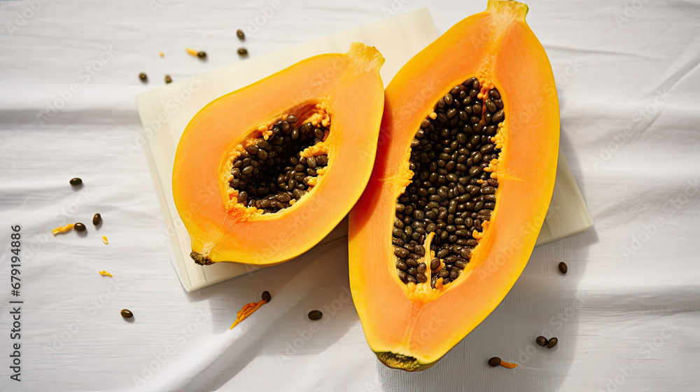 papaya fruit on a white background, Ripe papaya pieces with seeds on table